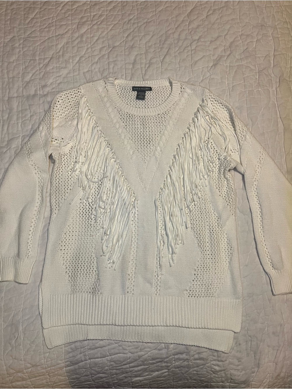 Kate & Mallory Cream ivory Open-Knit Fringe Crewneck Sweater size 1X